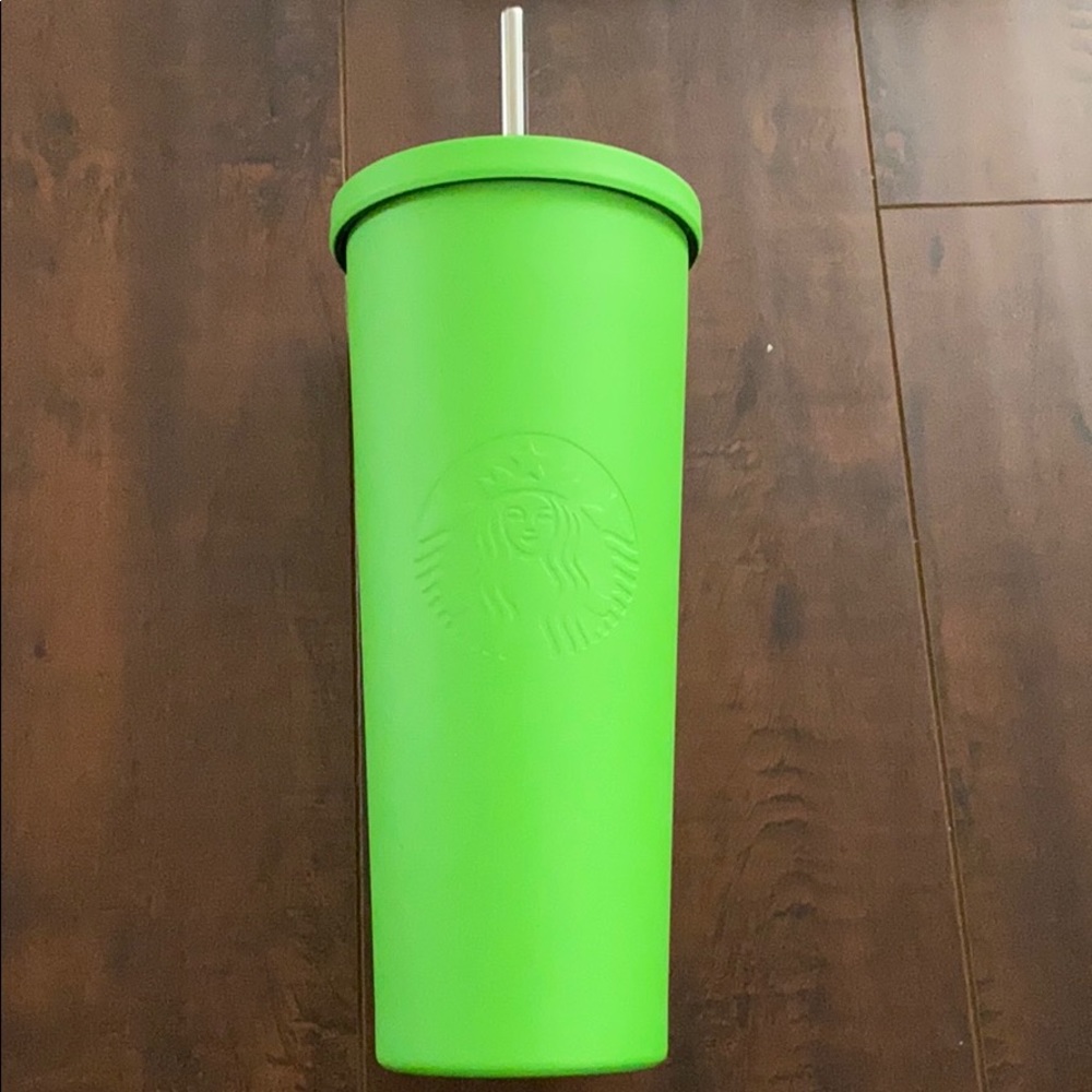 Neon green 24 oz cup with stainless steel straw